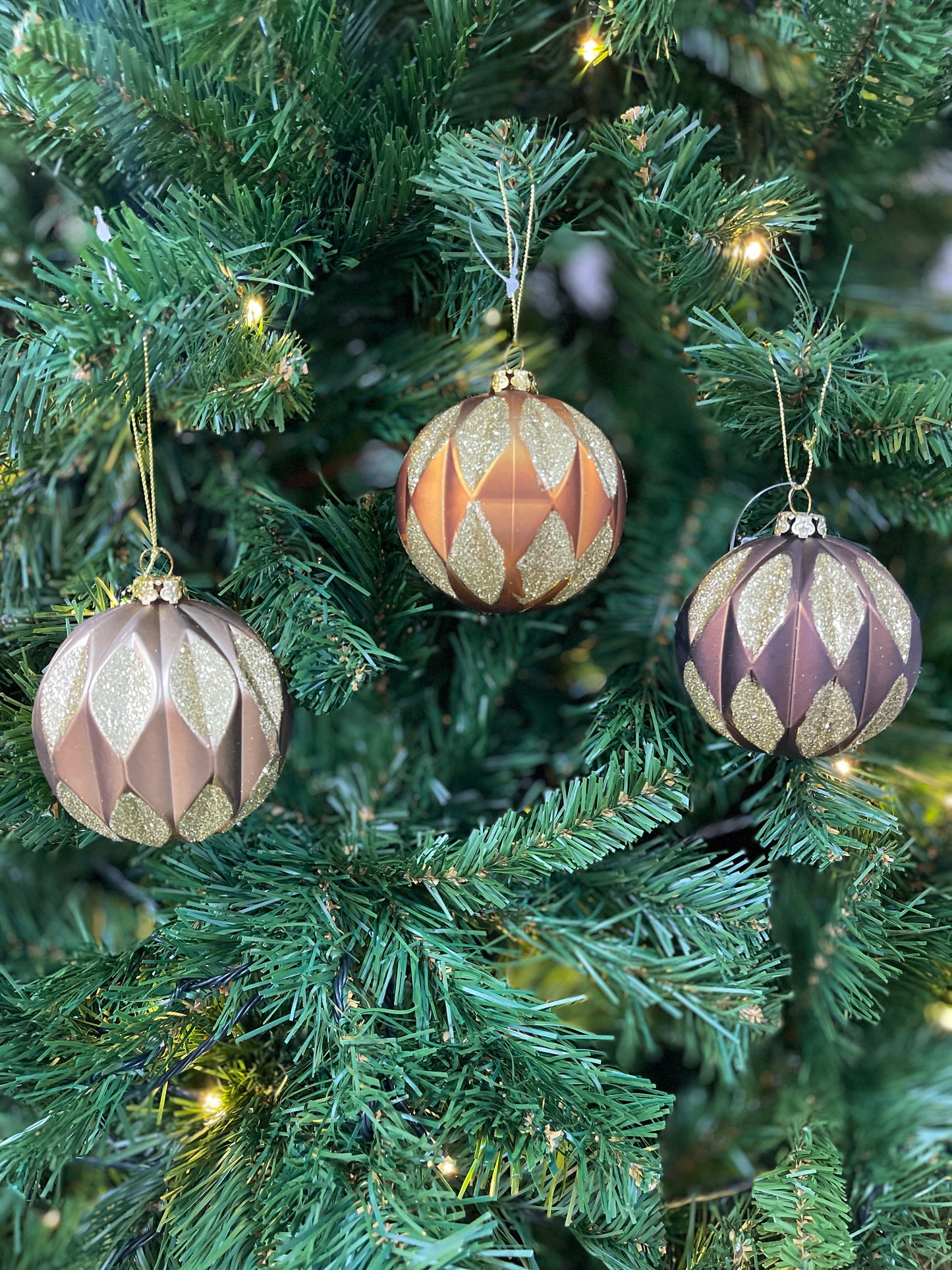 Brown Bronze & Brown Gold Glitter Geometric Ball 8cm- Set of 6