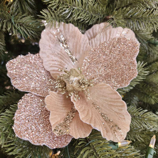 Pink Champagne Velvet Magnolia With Glitter 26cm- Set of 2