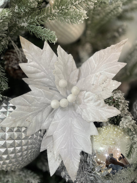 White Velvet Poinsettia With Glitter 26cm- Set of 2