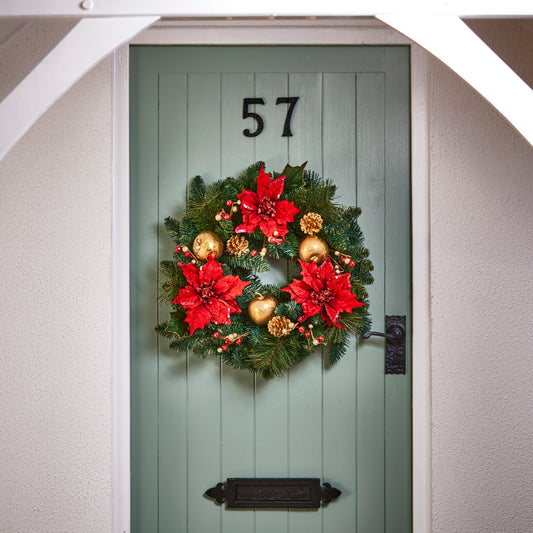 Red Poinsettia Gold Ball Wreath 60cm