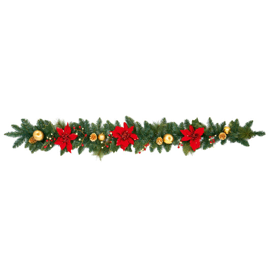 Red Poinsettia Gold Ball Garland 1.8m