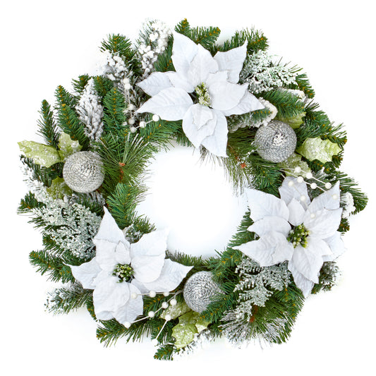 White Poinsettia Silver Ball Wreath 60cm