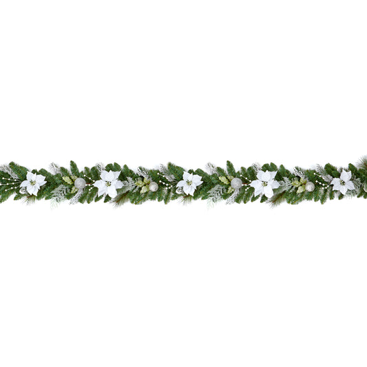 White Poinsettia Silver Ball Garland 1.8m