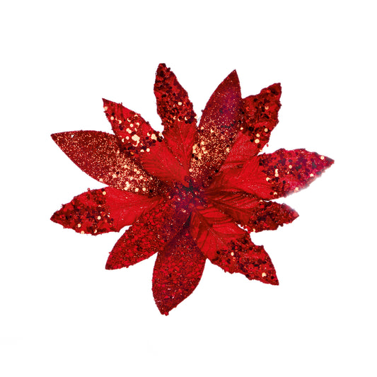 Red Glitter with Sequin Poinsettia 26cm- Set of 2