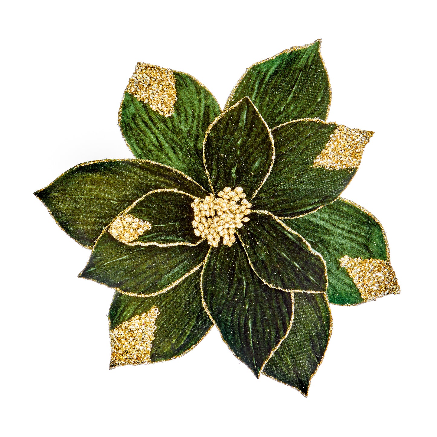 Green Velvet Poinsettia with Gold Sequin 29cm- Set of 2