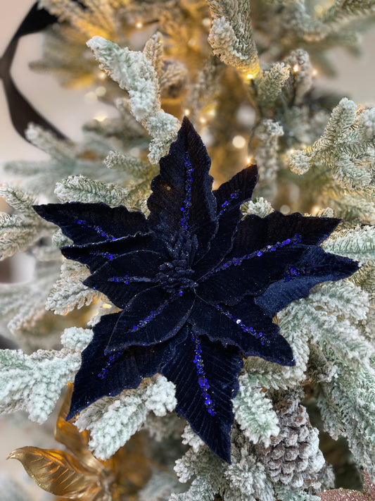 Navy Velvet Poinsettia with Glitter 31cm- Set of 2