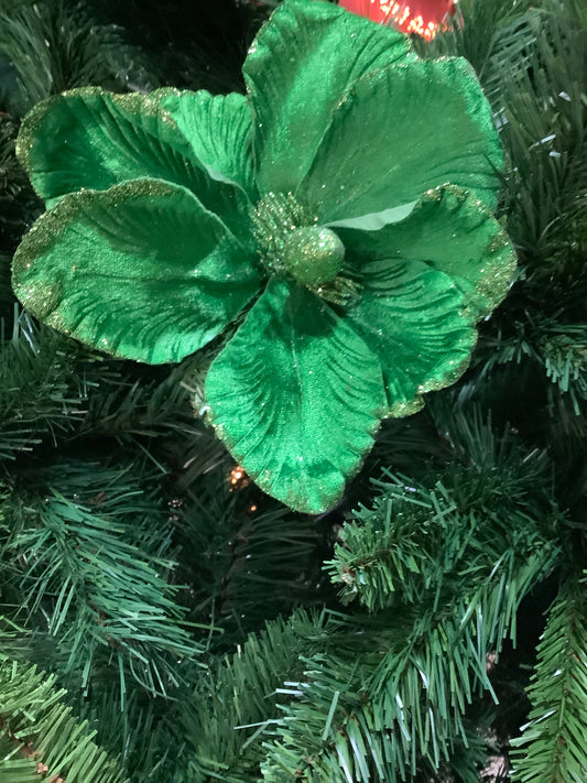 Christmas Green Velvet Magnolia With Glitter 20cm- Set of 2