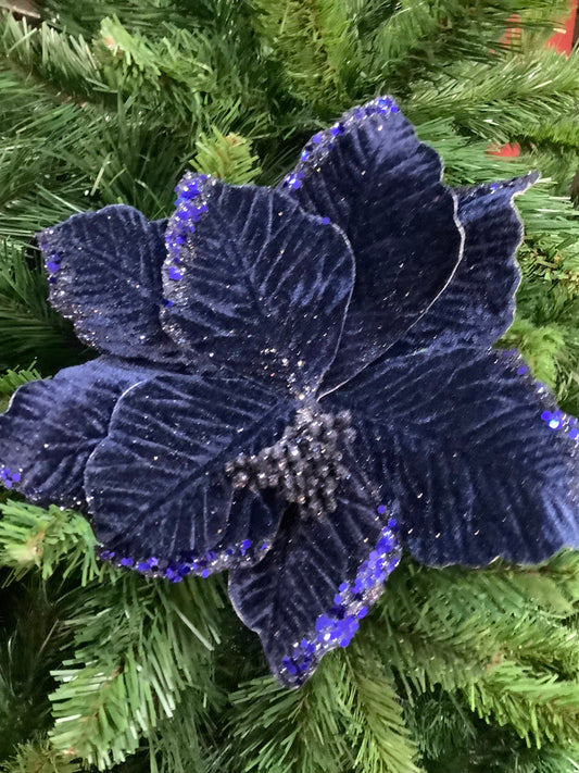 Navy Blue Velvet Poinsettia with Glitter 24cm- Set of 2