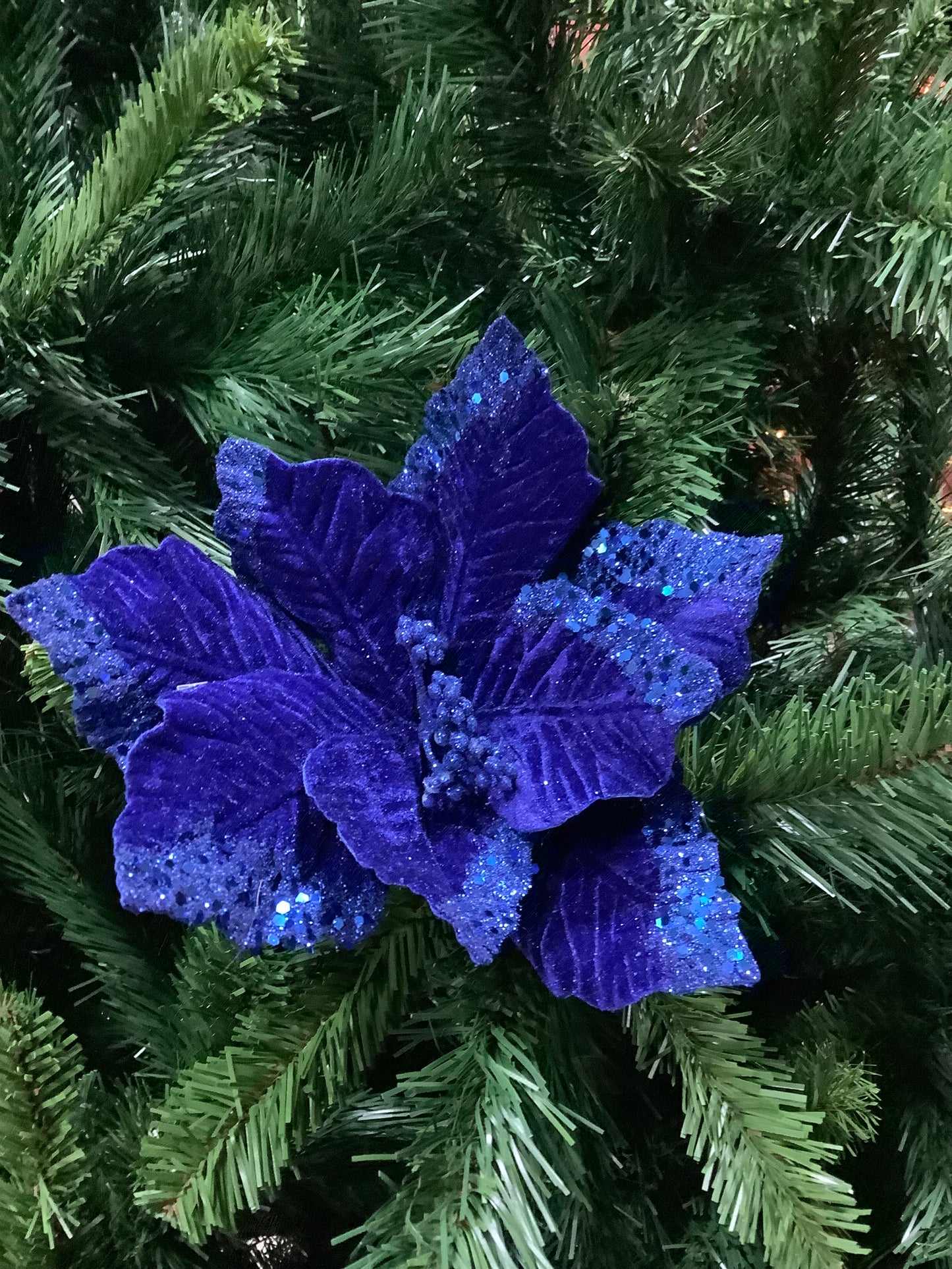 Royal Blue Velvet Poinsettia With Glitter 24cm- Set of 2