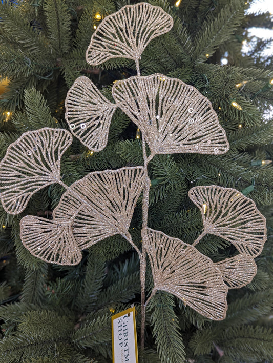 Champagne With Glitter Large Ginkgo Leaf Stem 70cm- Set of 2