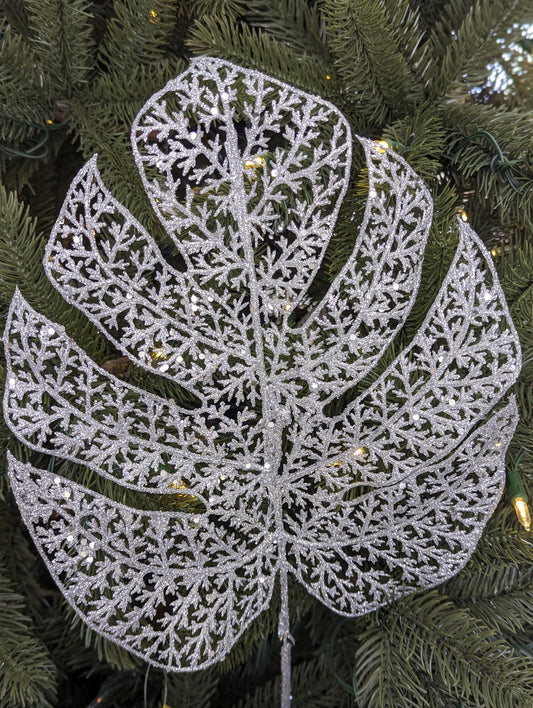 Silver Glitter Filigree Monstera Leaf 65cm- Set of 2