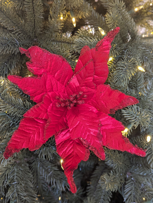 Red Satin Poinsettia With Glitter Large 30cm- Set of 2