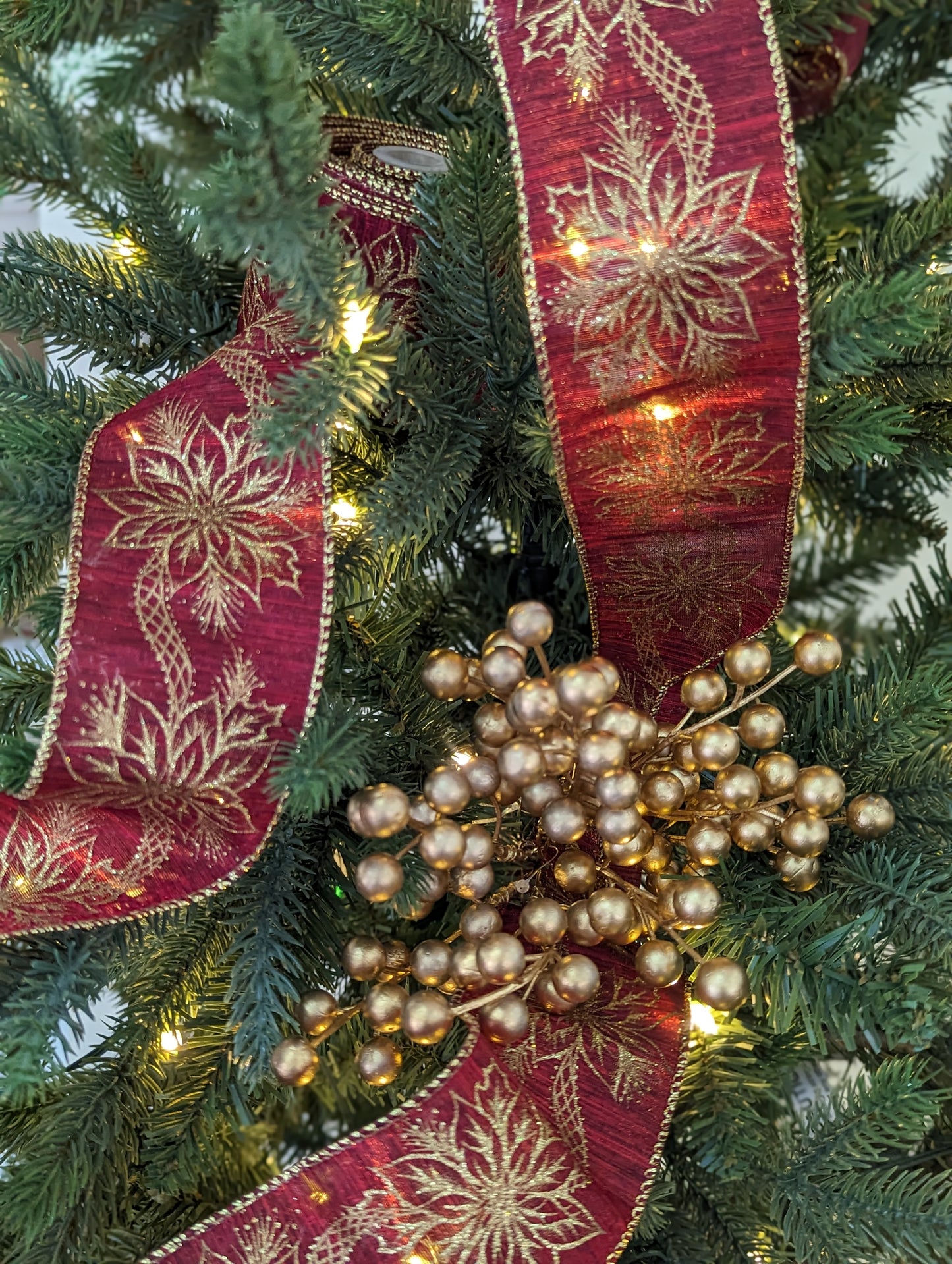 Red With Gold Poinsettia Wired 63mm x 10yd