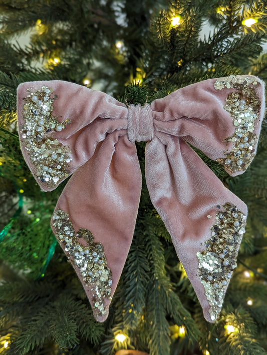 Pink Velvet Bow With Glitter 20cm- Set of 2