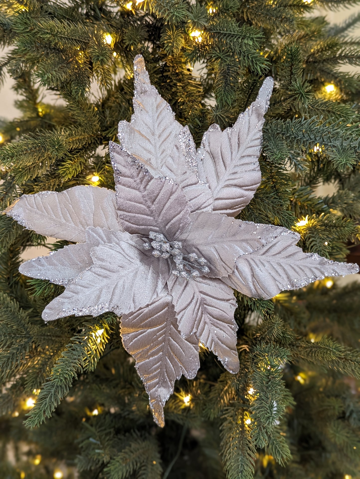 Silver Satin Poinsettia With Glitter Large 30cm- Set of 2