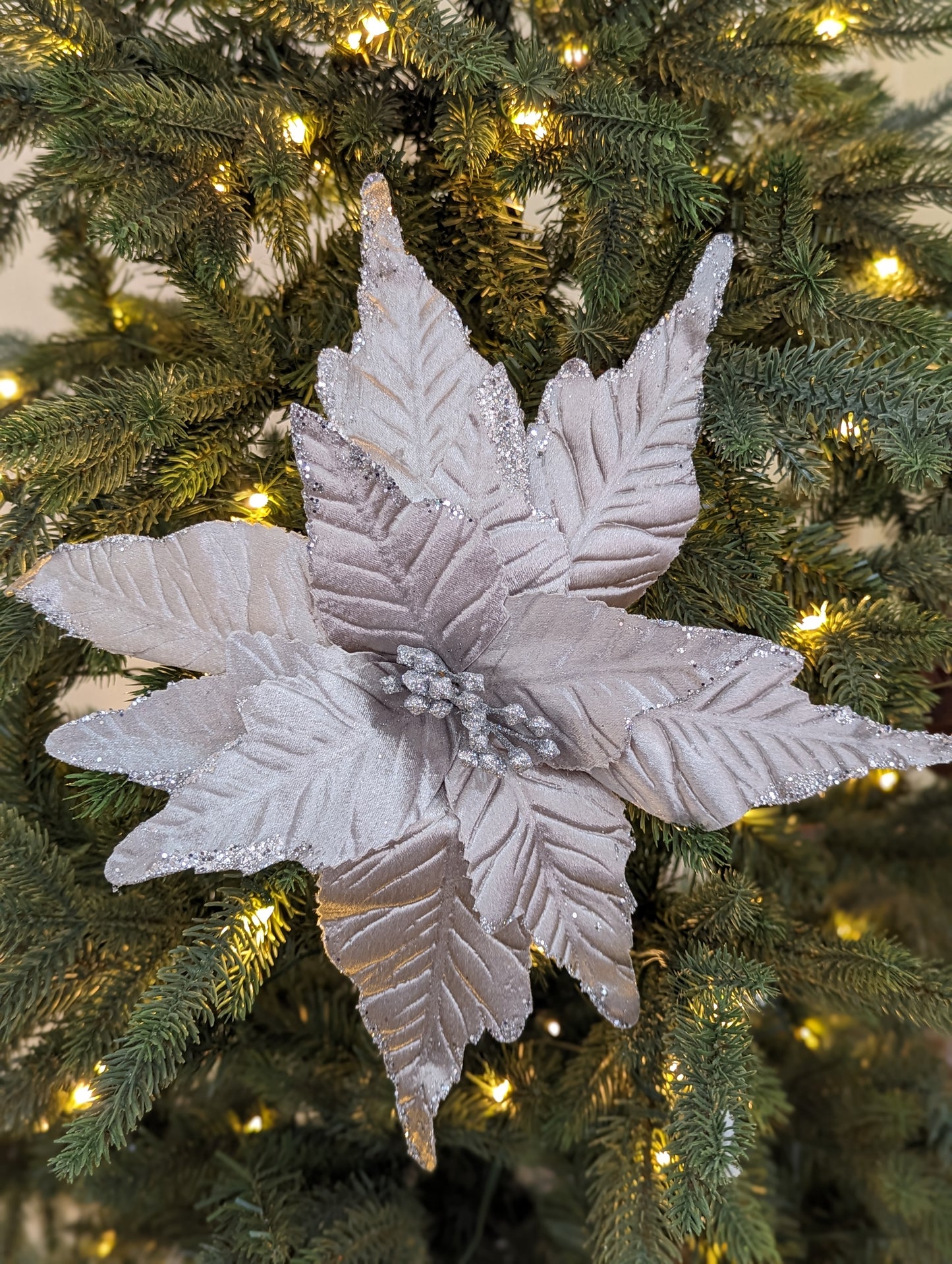 Silver Satin Poinsettia With Glitter Large 30cm- Set of 2