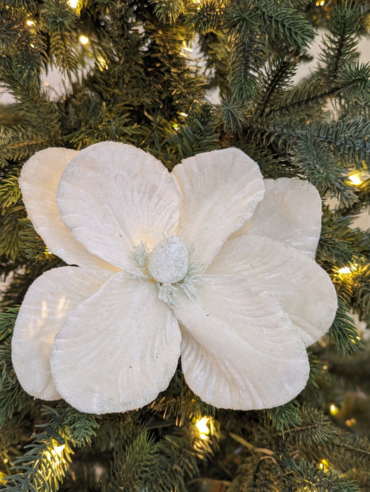 White Velvet Magnolia With Glitter 20cm- Set of 2