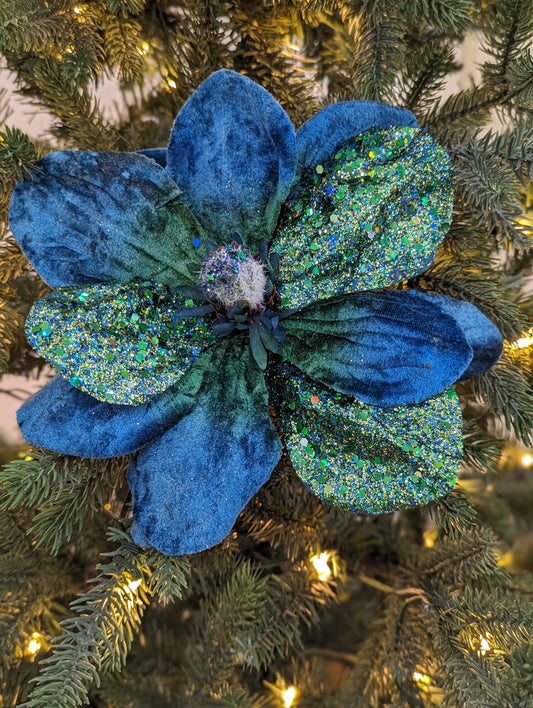 Peacock Velvet Magnolia With Glitter 20cm- Set of 2