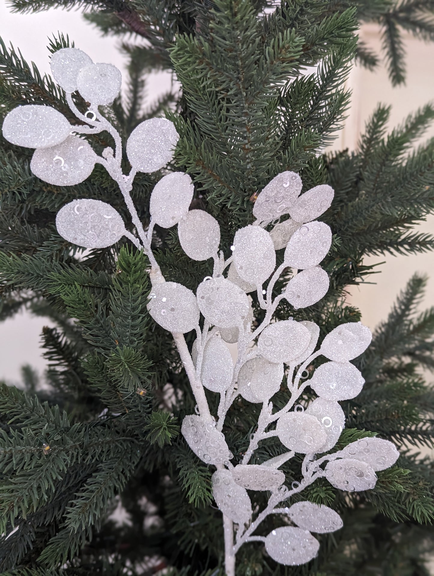 White Glitter Eucalyptus Stem 63cm- Set of 2